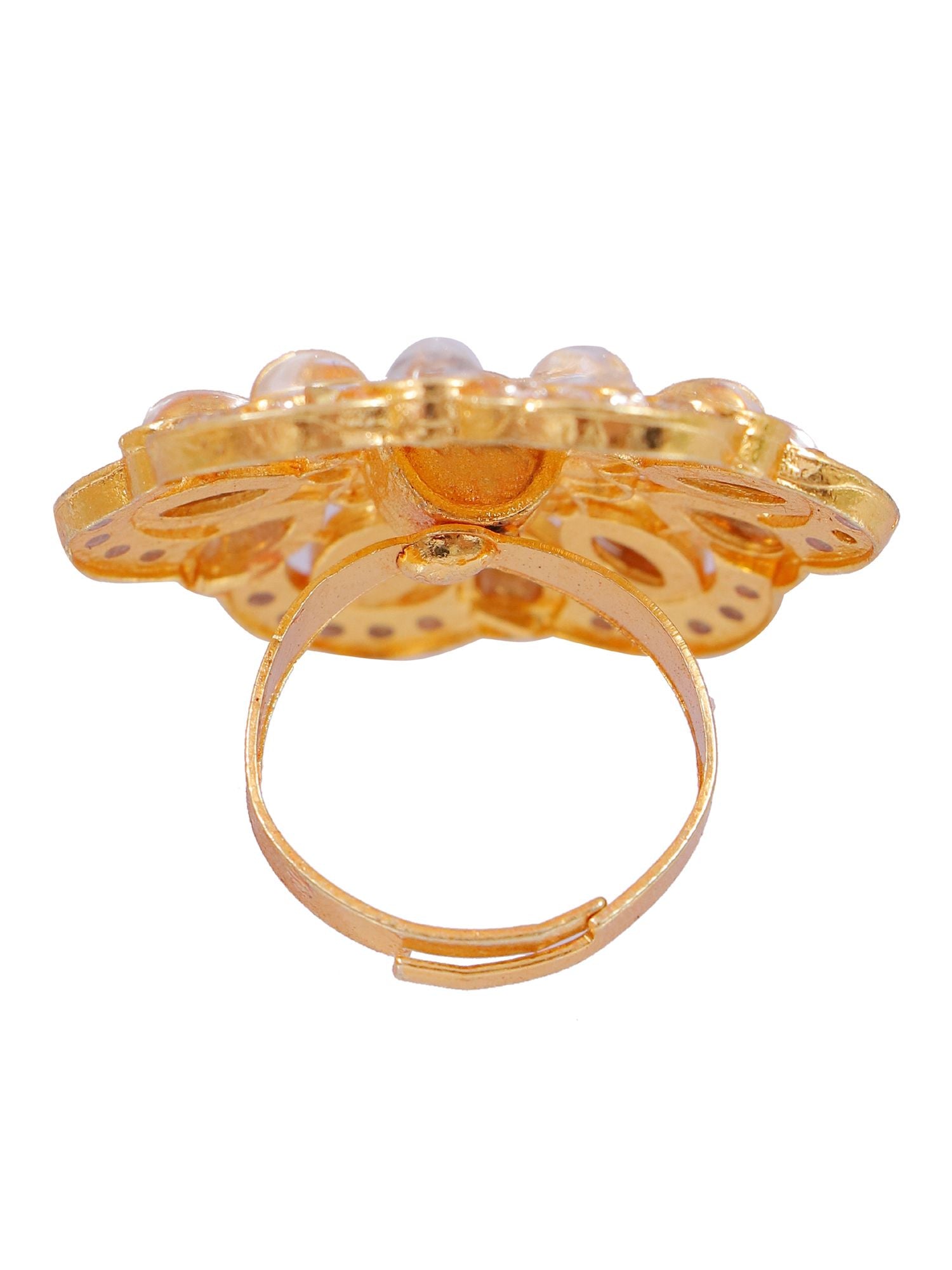 Mint Green kundan Studded Flower Ring, made from polished alloy with gold plating, Meenakari Party Wear Ring in floral design, adjustable size for women