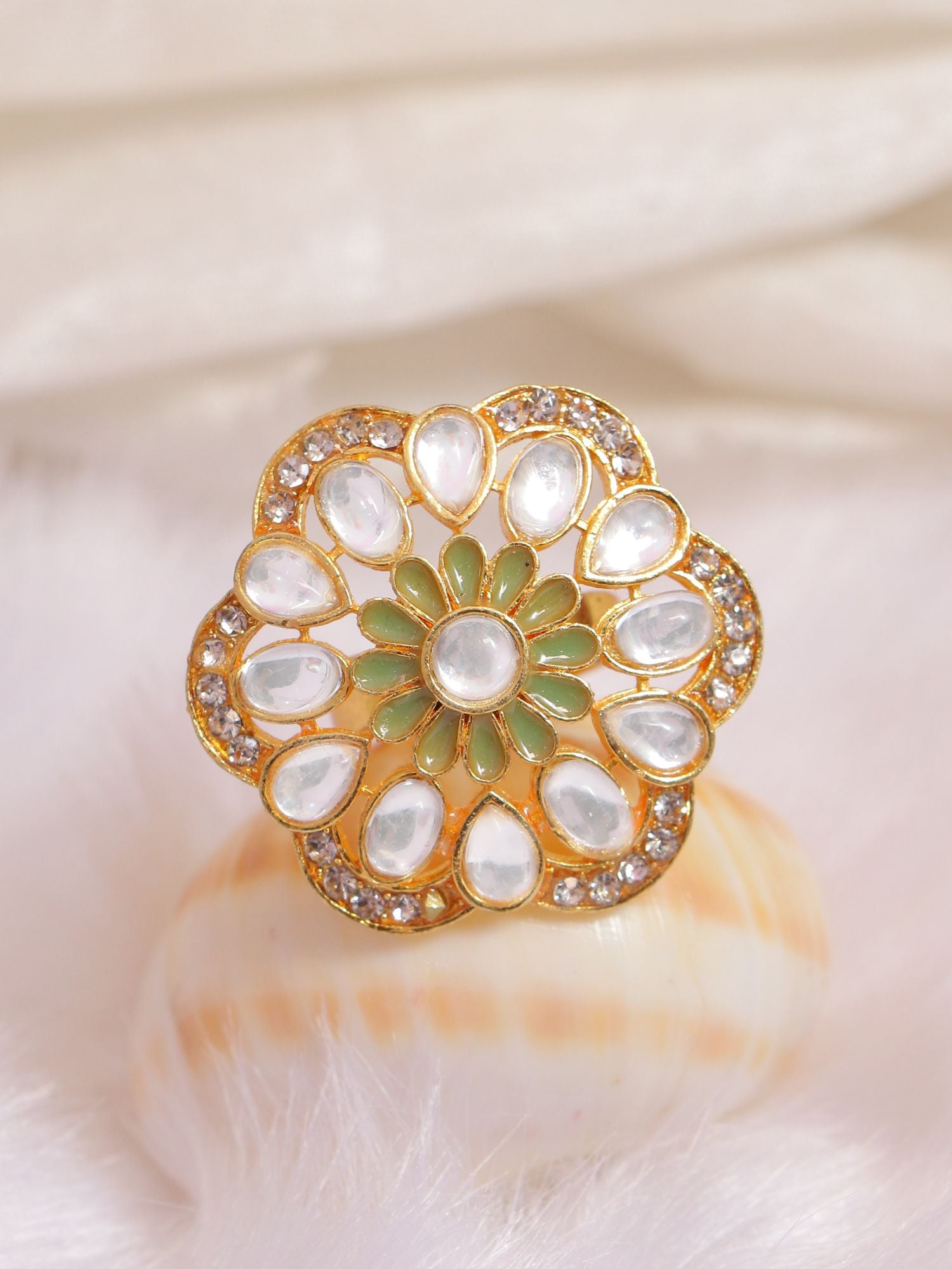 Mint Green kundan Studded Flower Ring, made from polished alloy with gold plating, Meenakari Party Wear Ring in floral design, adjustable size for women