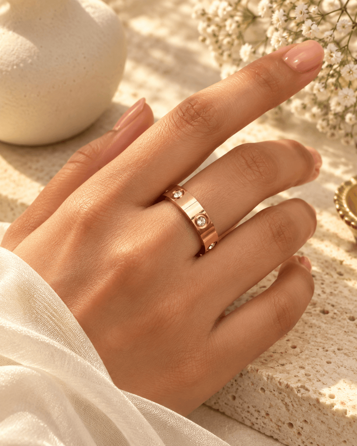 Rose gold anti tarnish flat band ring for women, trendy daily wear