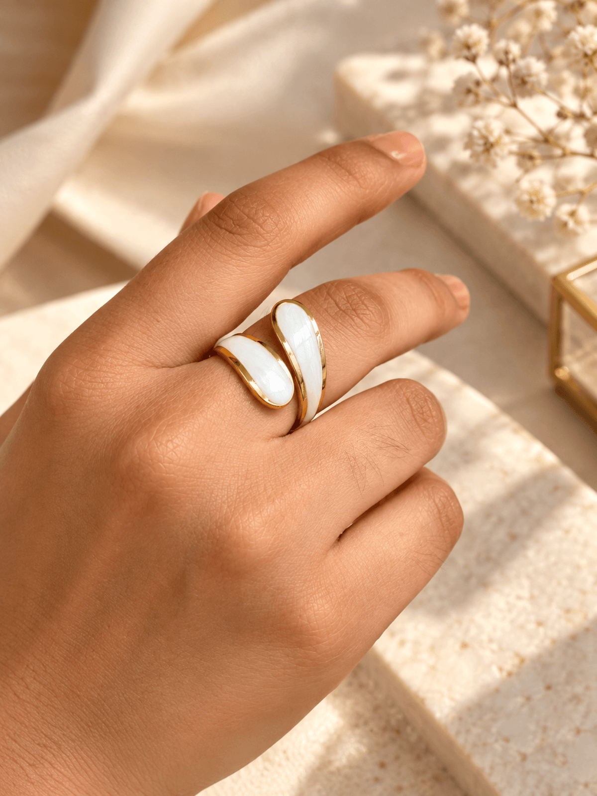 gold wrap anti tarnish ring for women with white enamel wave design
