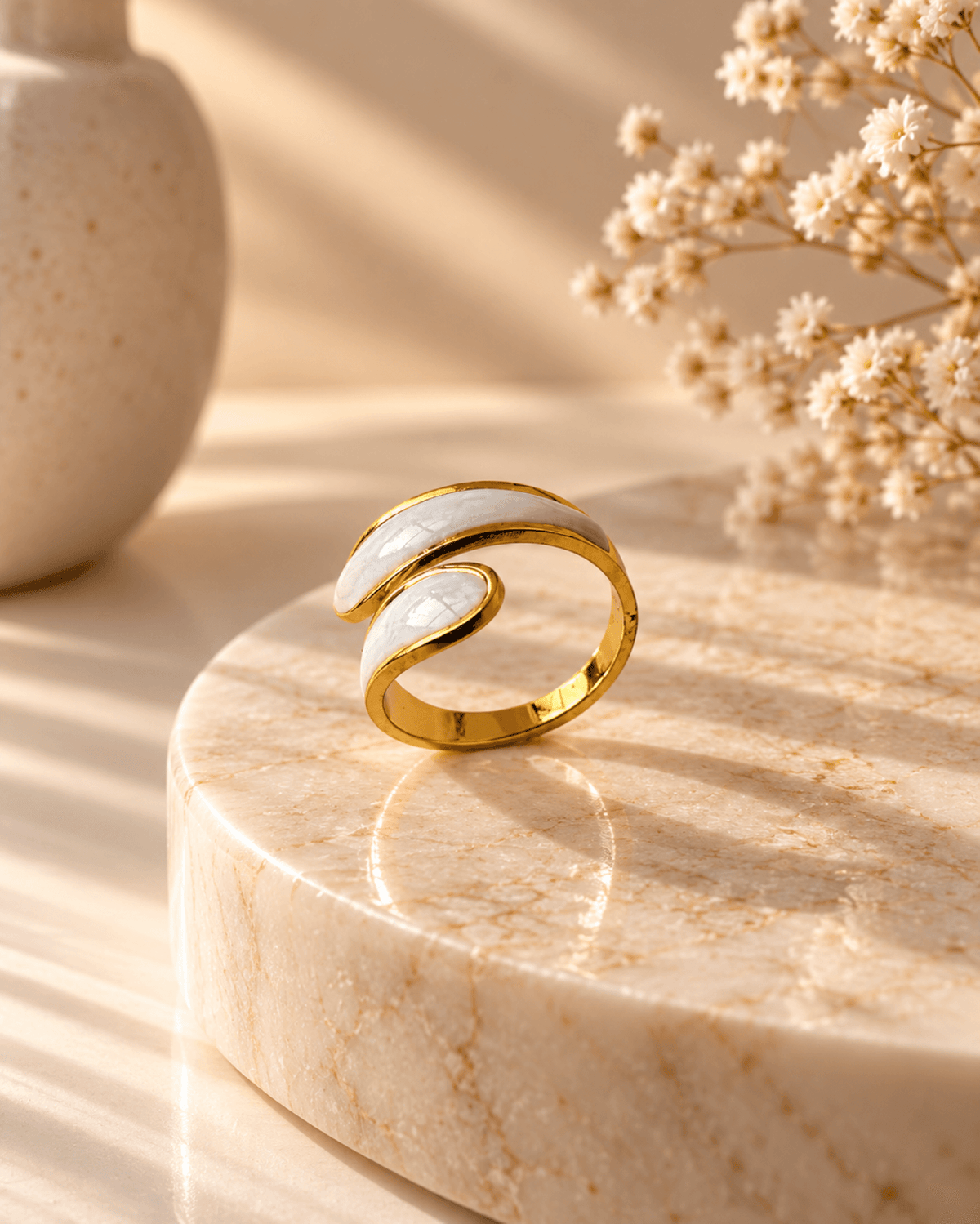 gold wrap anti tarnish ring for women with white enamel wave design