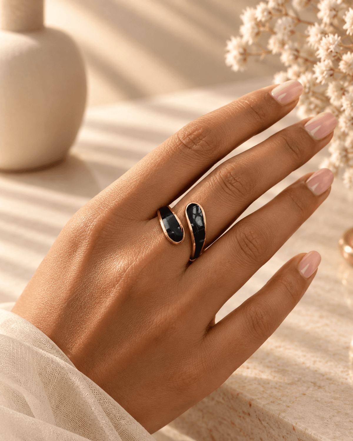 Gold stainless steel anti tarnish wrap ring with black enamel