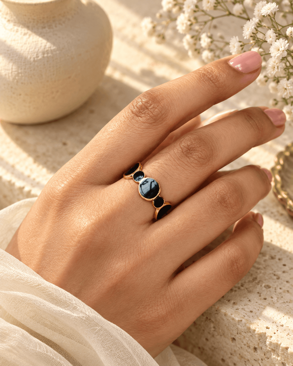 Gold stainless steel anti tarnish adjustable ring with black oval