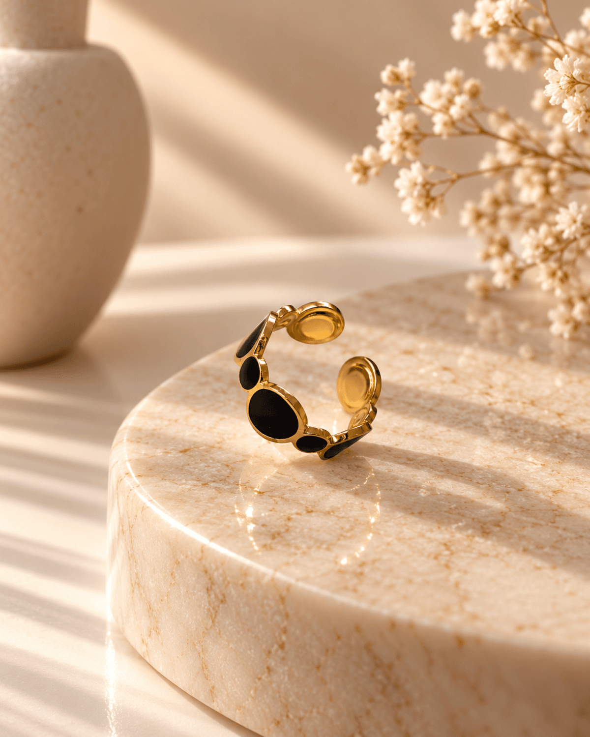 Gold stainless steel anti tarnish adjustable ring with black oval