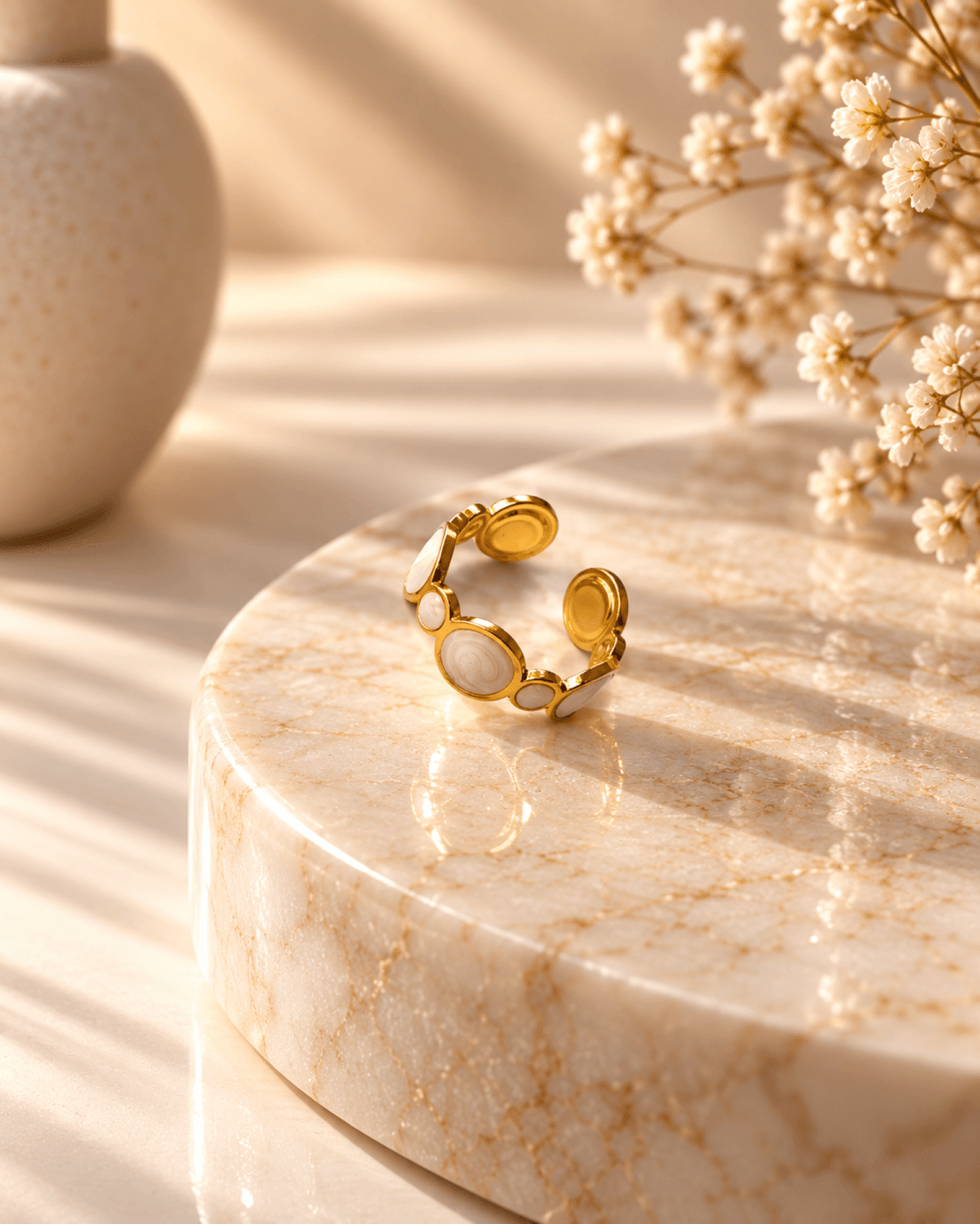 Gold anti tarnish ring for women with oval white enamel motif
