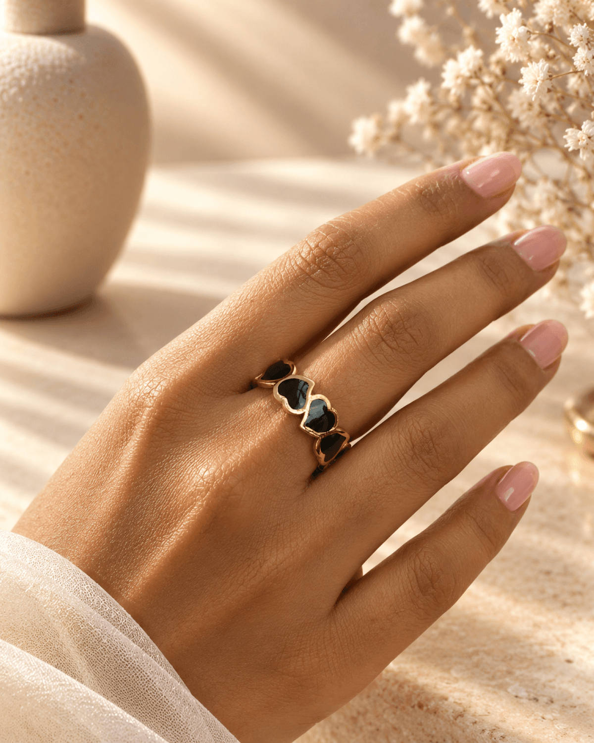 Black heart gold anti tarnish ring for women, adjustable stylish ring
