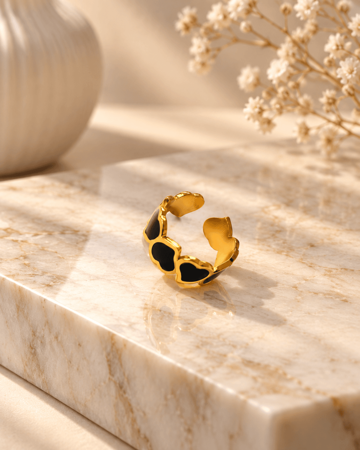 Black heart gold anti tarnish ring for women, adjustable stylish ring