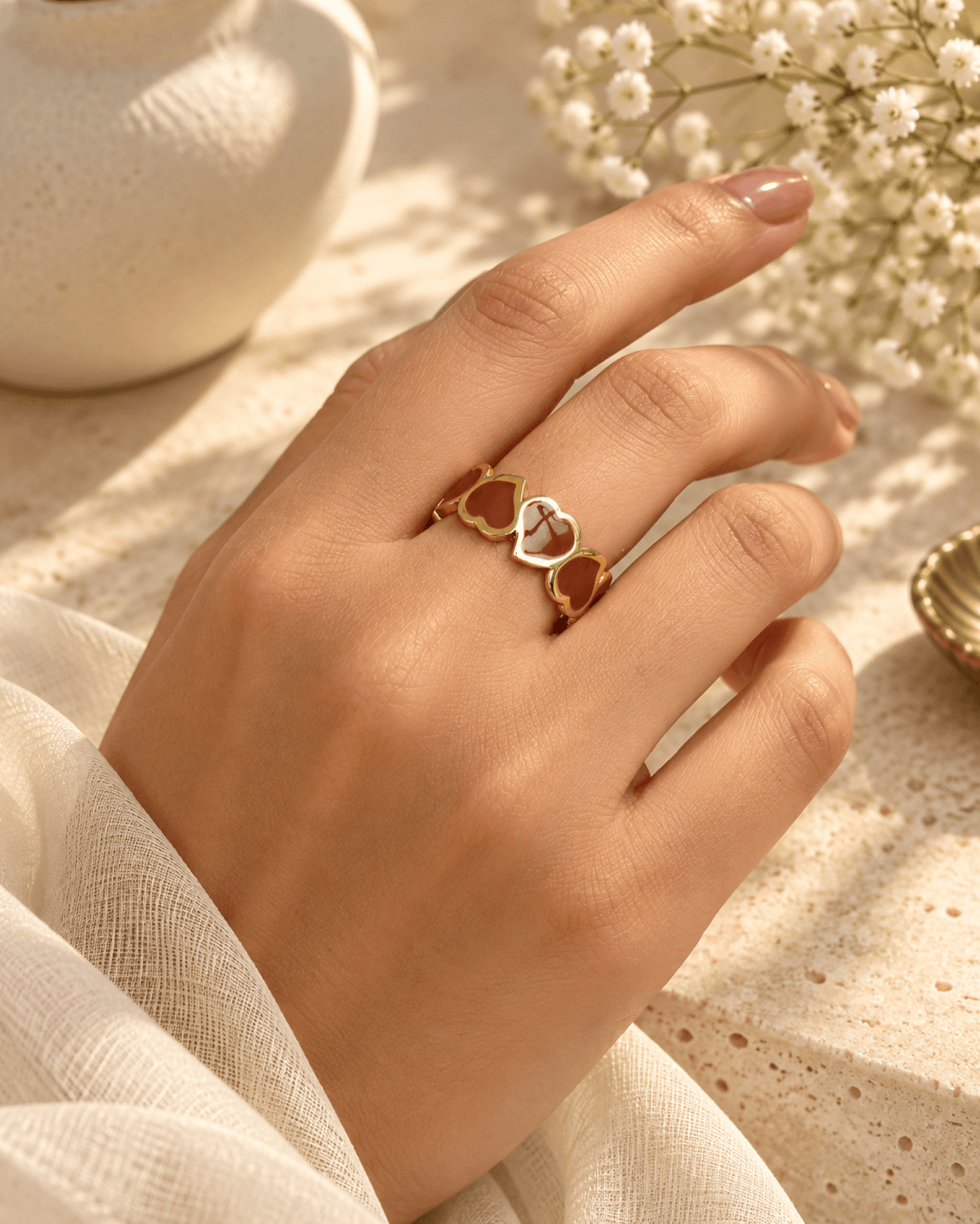 Brown heart gold anti tarnish ring for women, adjustable, trendy