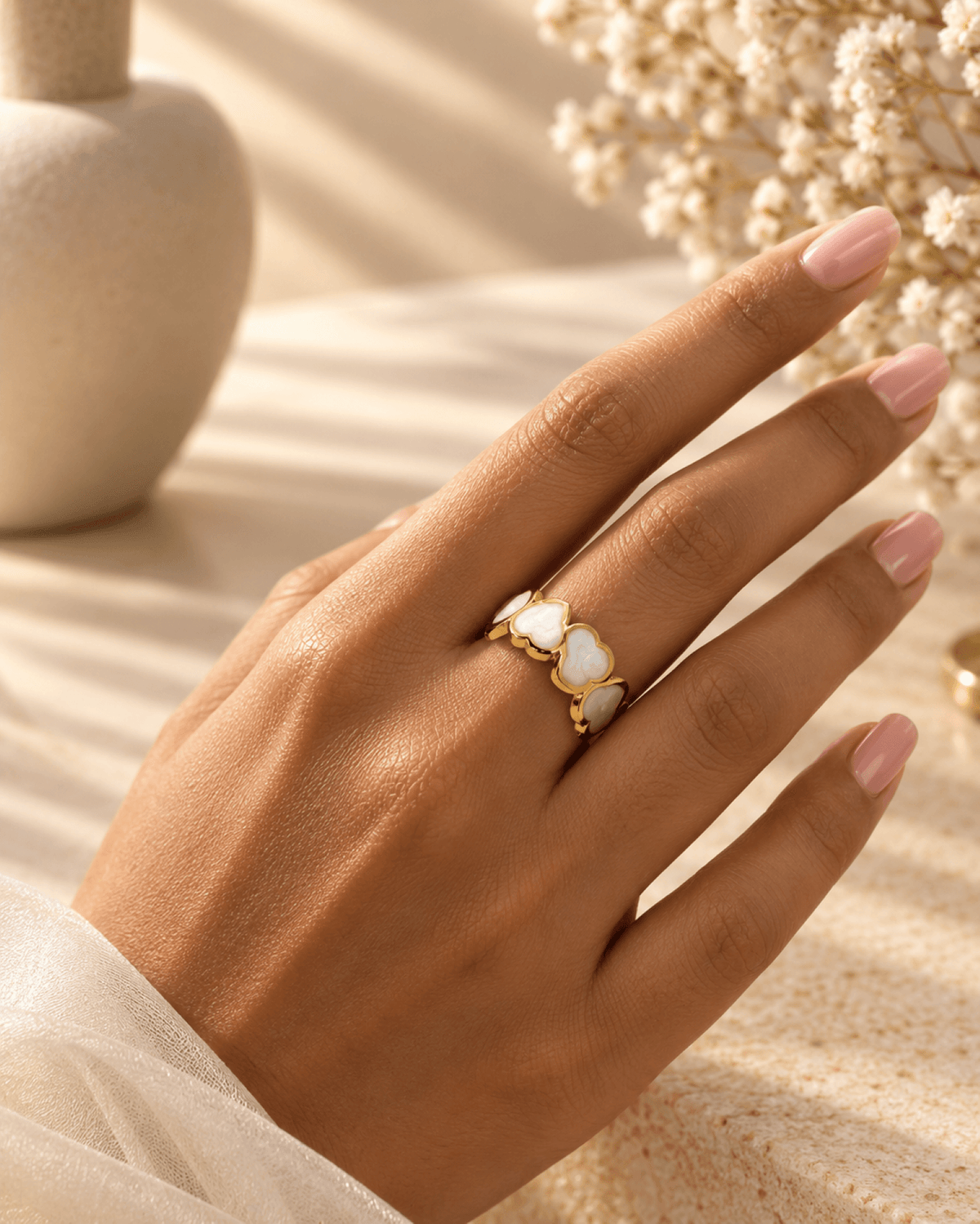 white heart gold anti tarnish ring for women, adjustable trendy