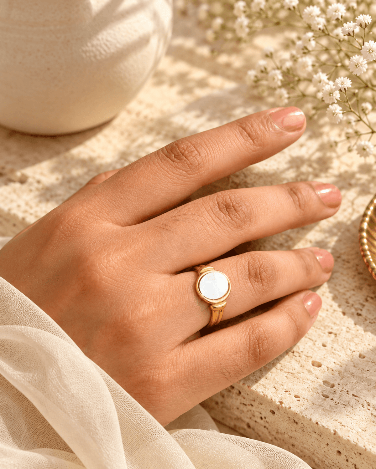 White stone gold anti tarnish ring for women, adjustable and minimal