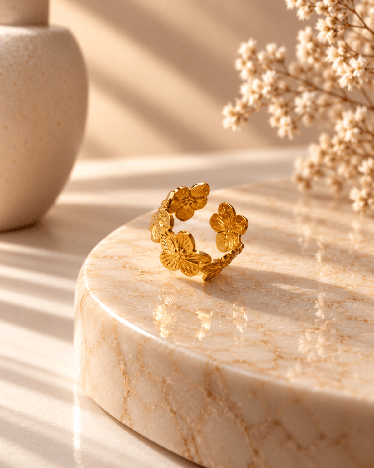 floral stainless steel anti tarnish ring for women, adjustable gold