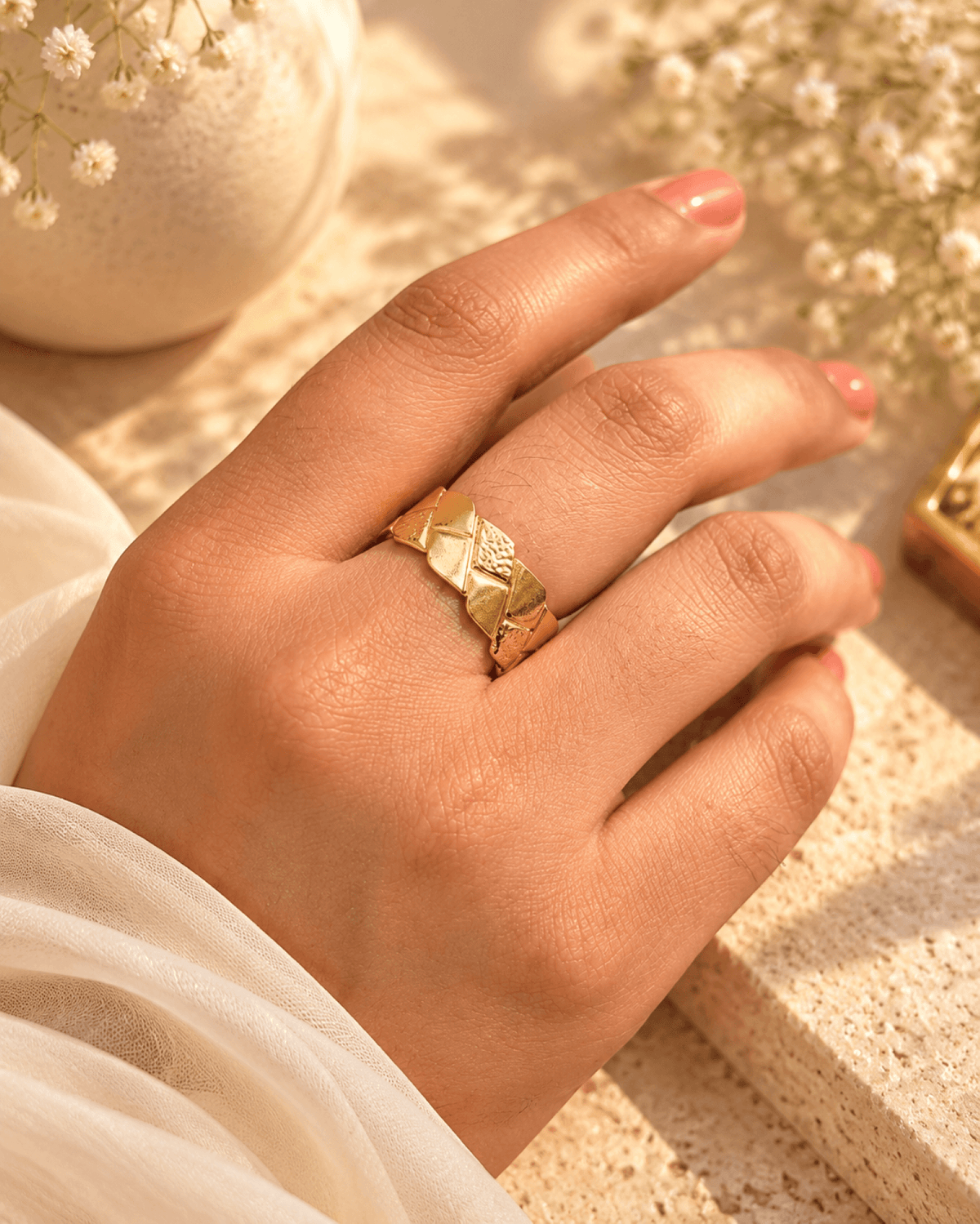 Designer gold band ring, geometric textured stainless steel, daily wear