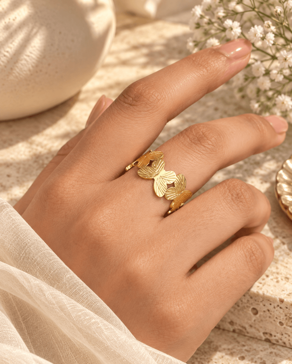Butterfly anti tarnish ring for women, adjustable gold stylish ring