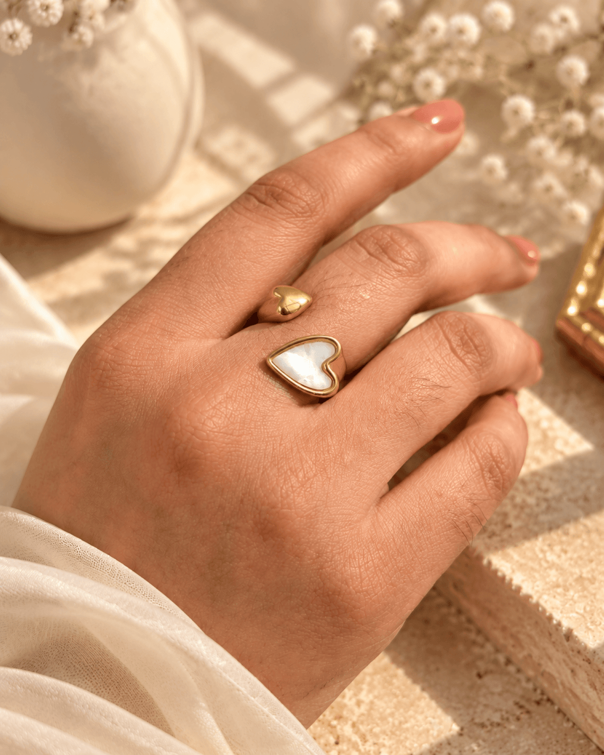 Gold stainless steel anti tarnish ring, white heart enamel, adjustable
