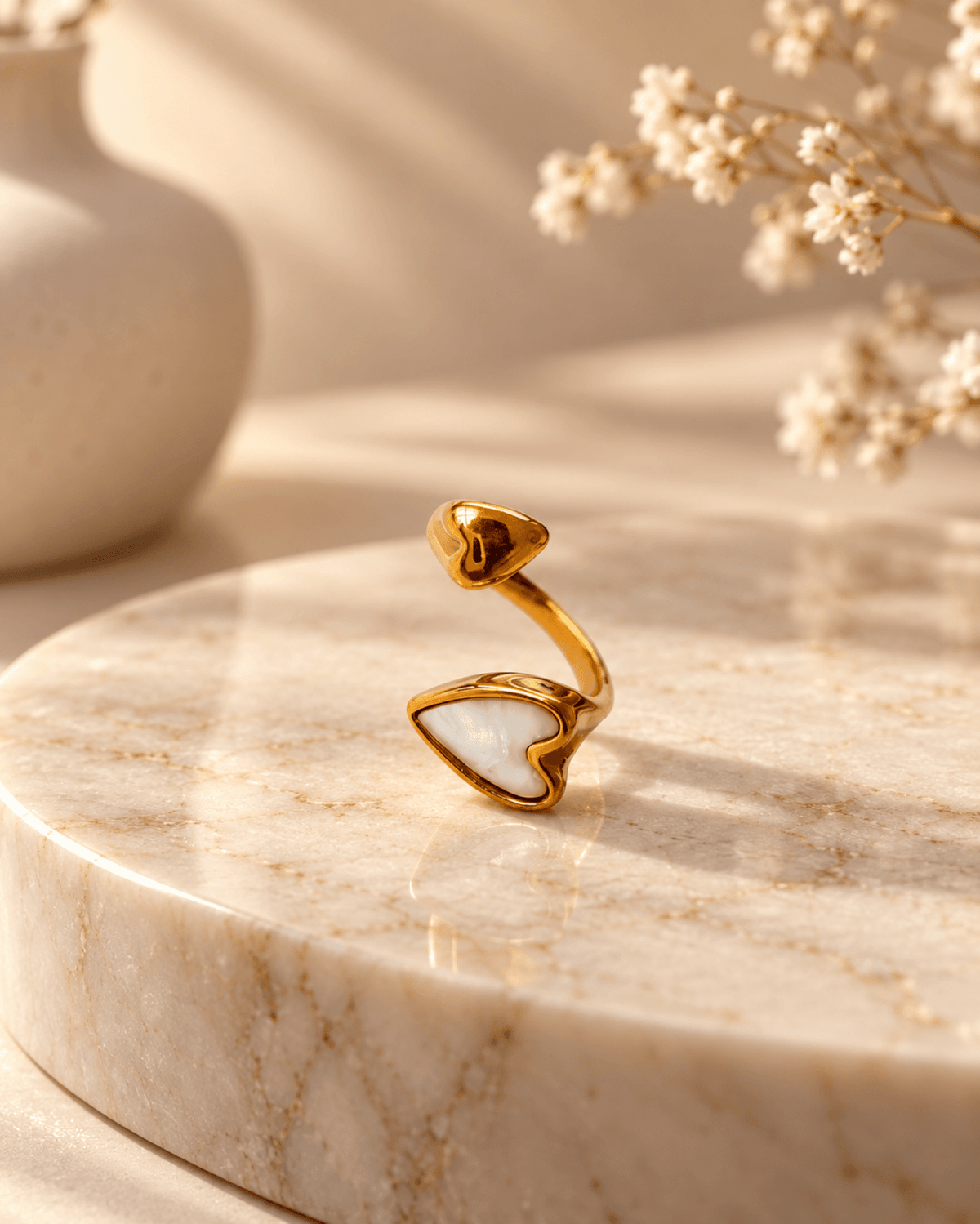 Gold stainless steel anti tarnish ring, white heart enamel, adjustable