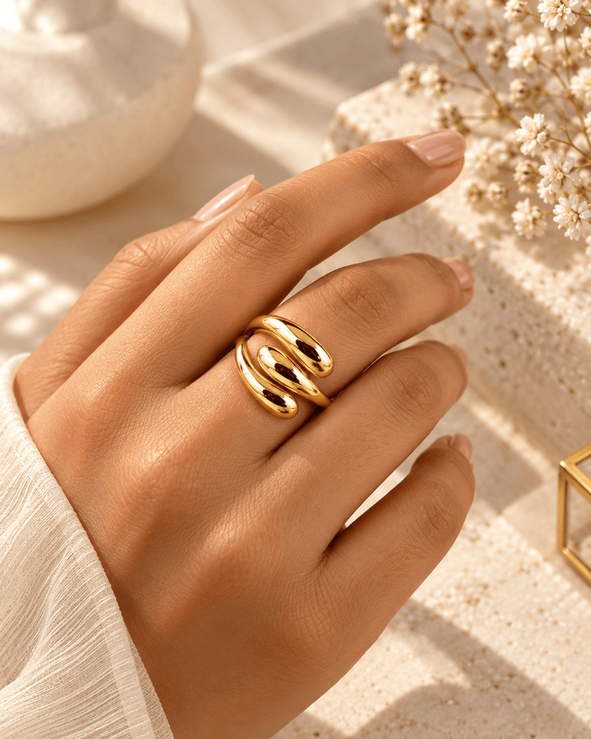 gold spiral anti tarnish ring for women, adjustable daily wear