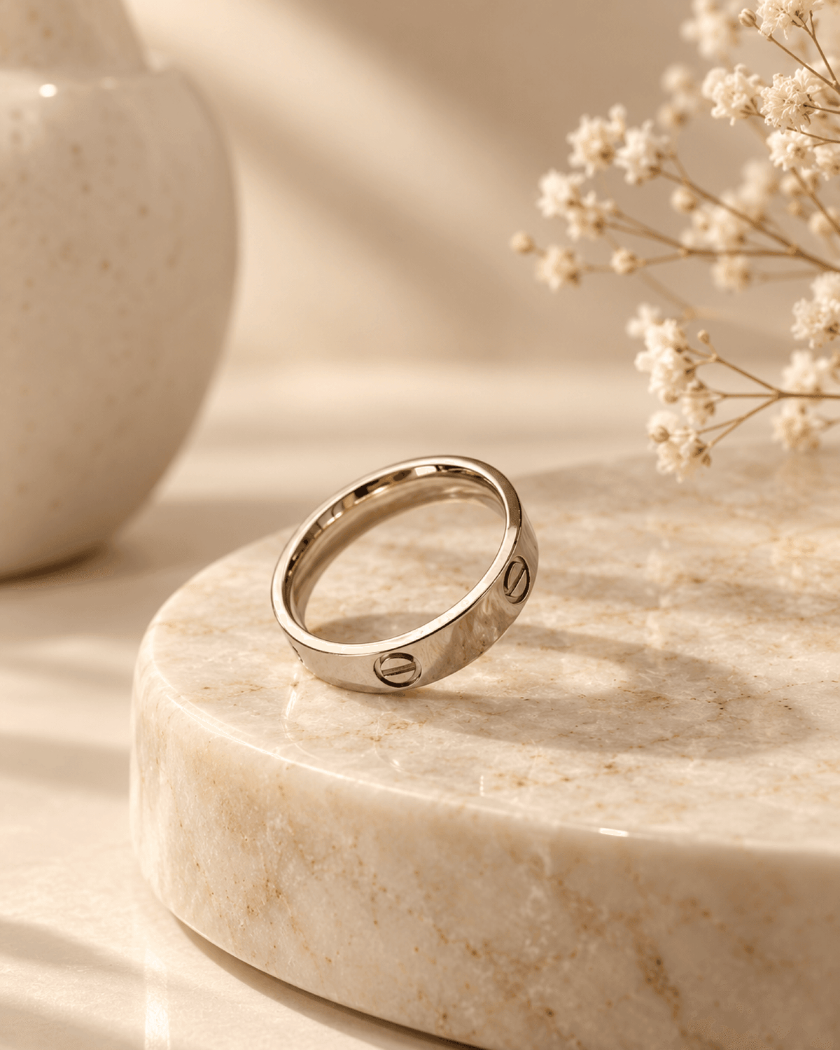 Stainless steel anti tarnish silver band ring with screw design