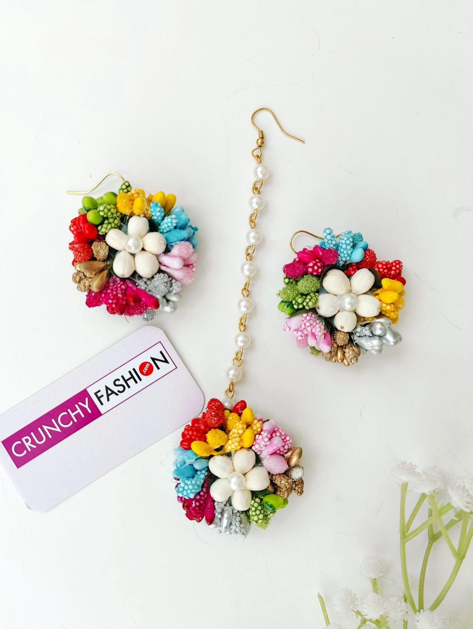 Handcrafted multicolor floral Maang Tika and Earrings, ideal Haldi return favours and wedding floral favours.