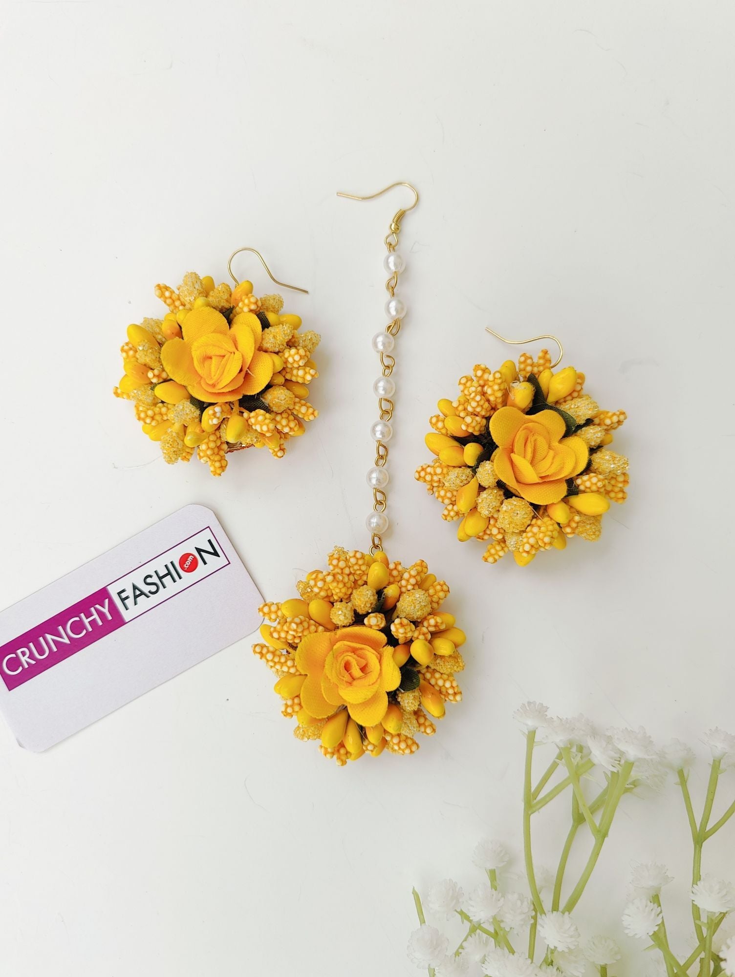Handcrafted multicolor floral Maang Tika and Earrings, ideal Haldi return favours and wedding floral favours.