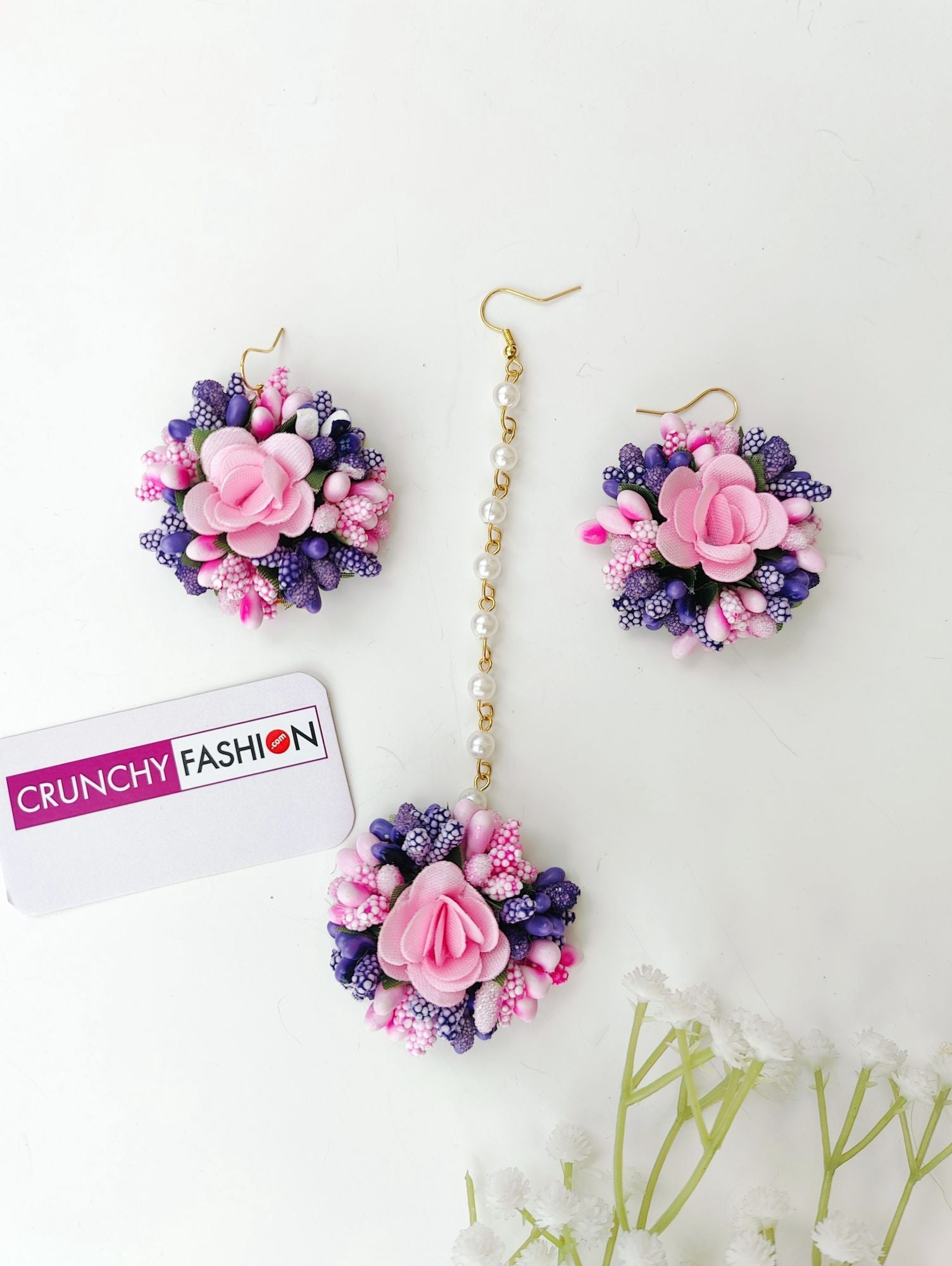 Handcrafted multicolor floral Maang Tika and Earrings, ideal Haldi return favours and wedding floral favours.