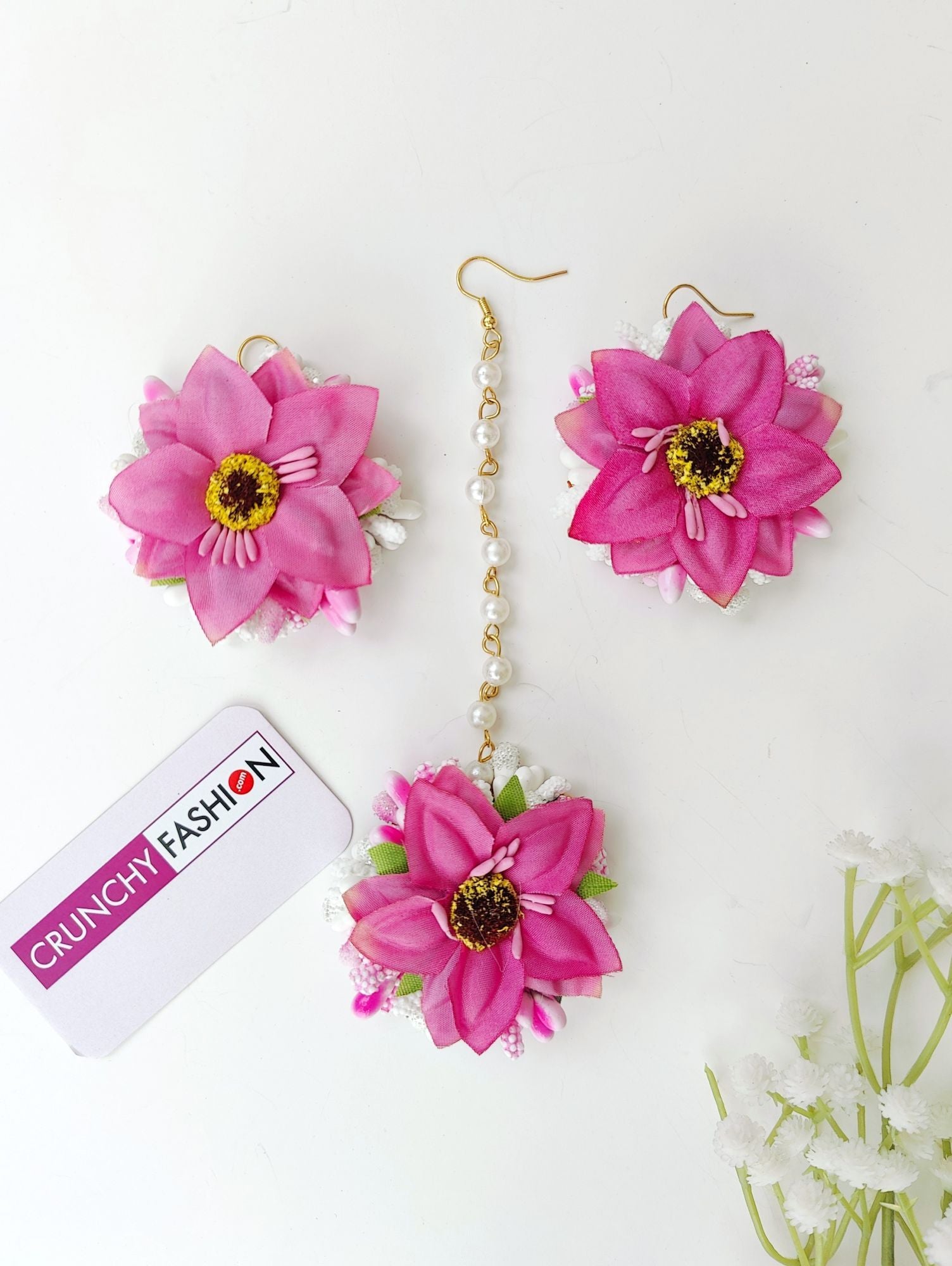 Handcrafted multicolor floral Maang Tika and Earrings, ideal Haldi return favours and wedding floral favours.