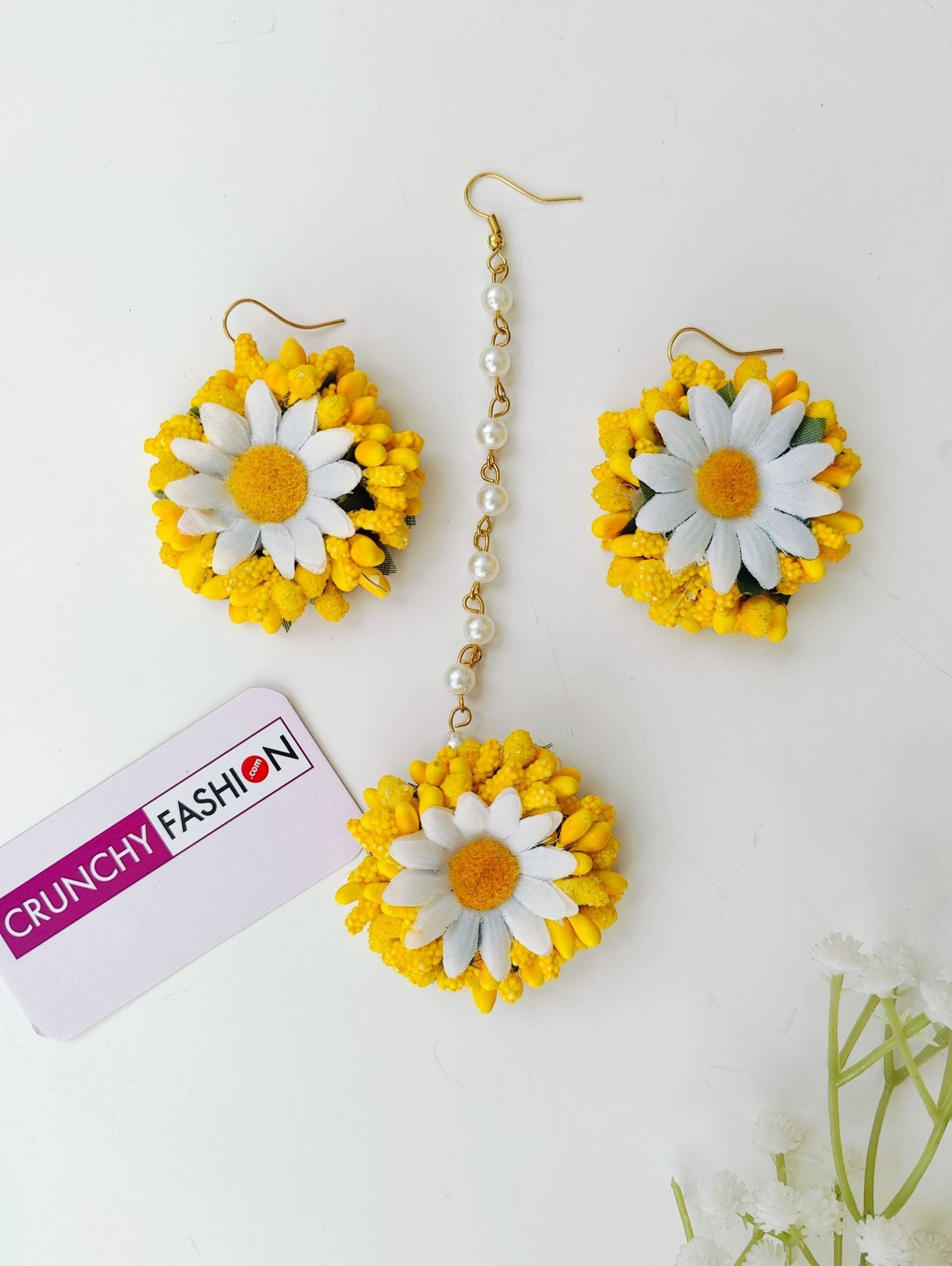 Handcrafted multicolor floral Maang Tika and Earrings, ideal Haldi return favours and wedding floral favours.