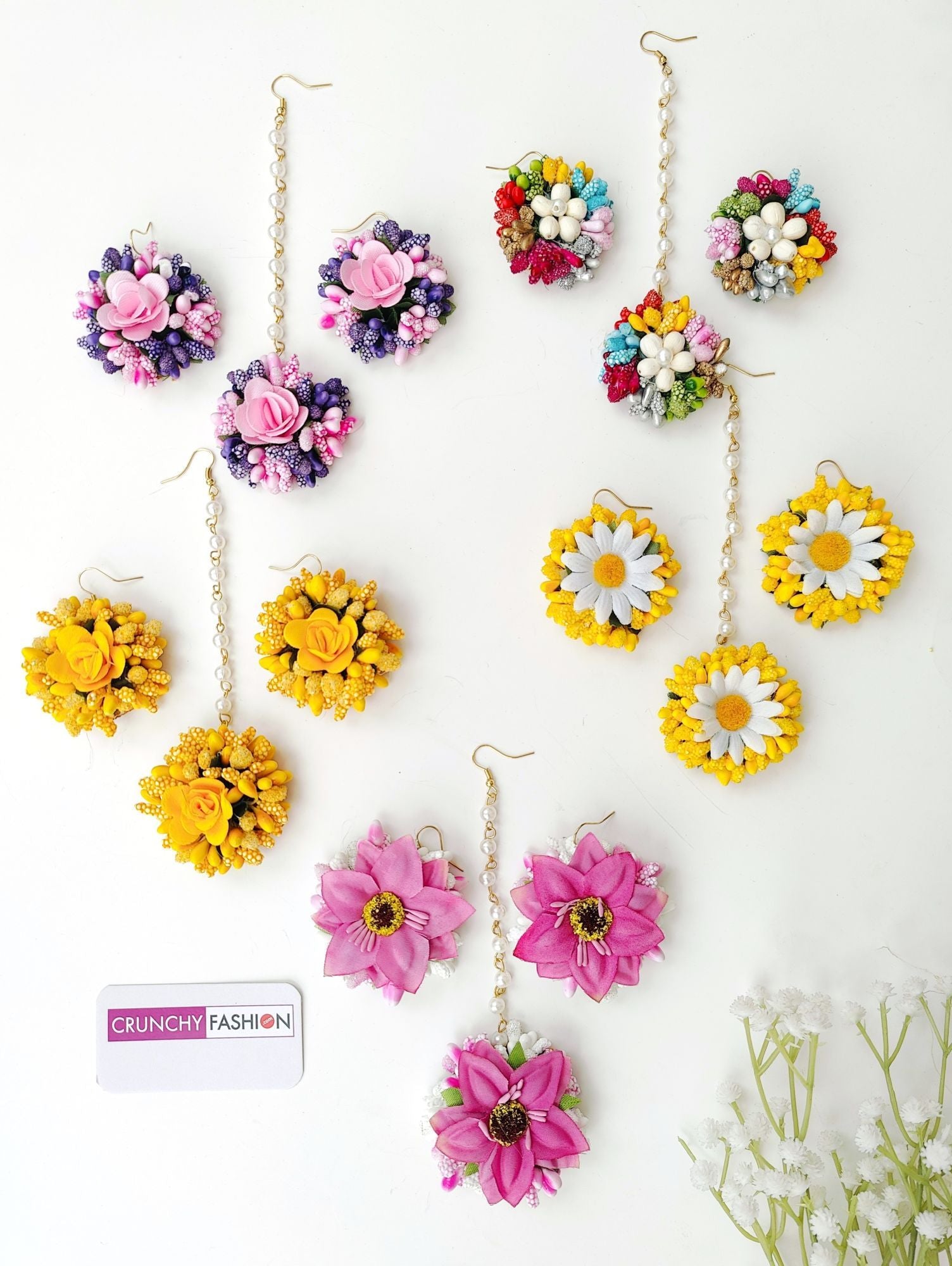 Handcrafted multicolor floral Maang Tika and Earrings, ideal Haldi return favours and wedding floral favours.