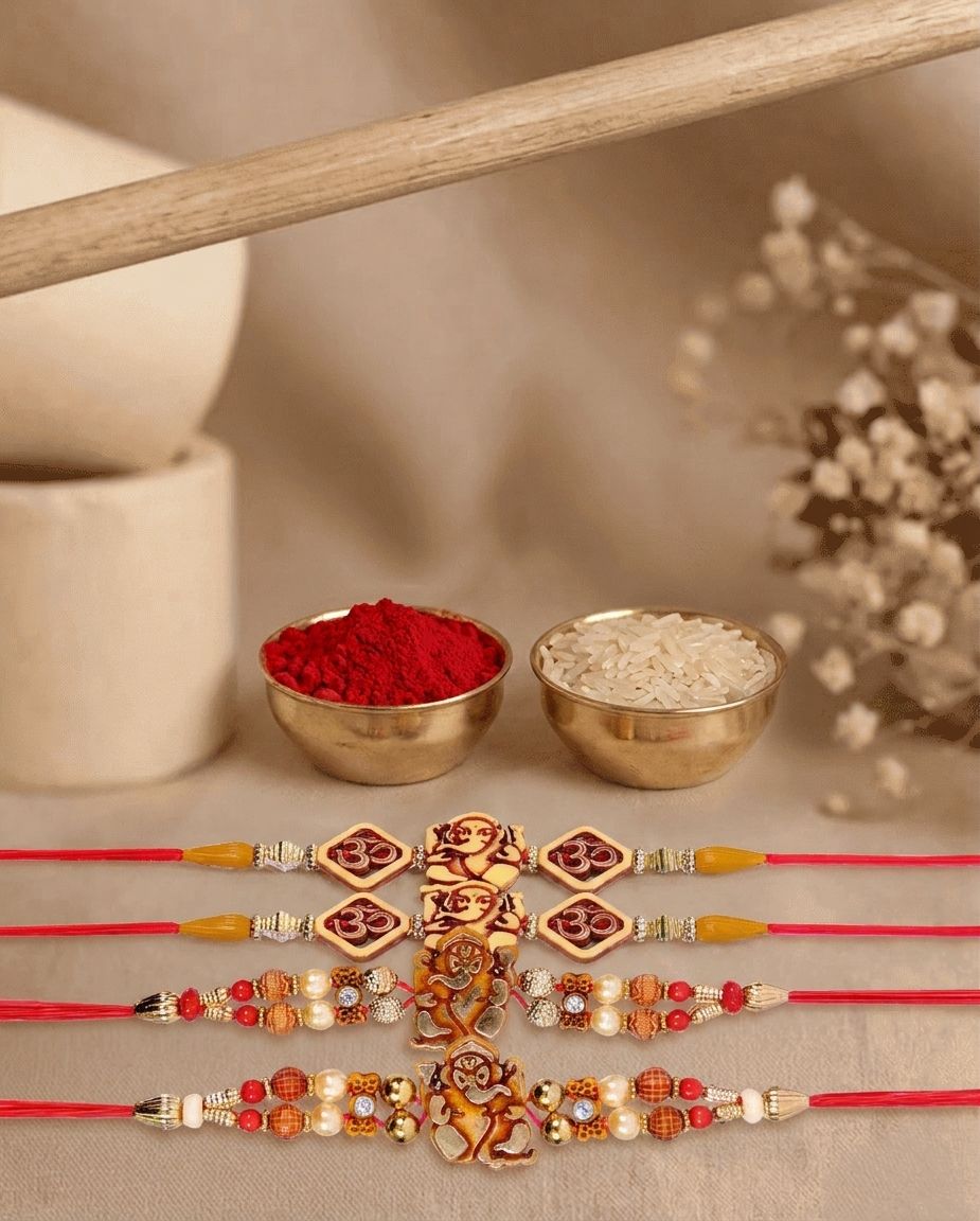 Gorgeous Multi-Color Rakhi with Roli Chawal Tilak Pack - Ideal Rakhi Gift for Brother (Set of 6)