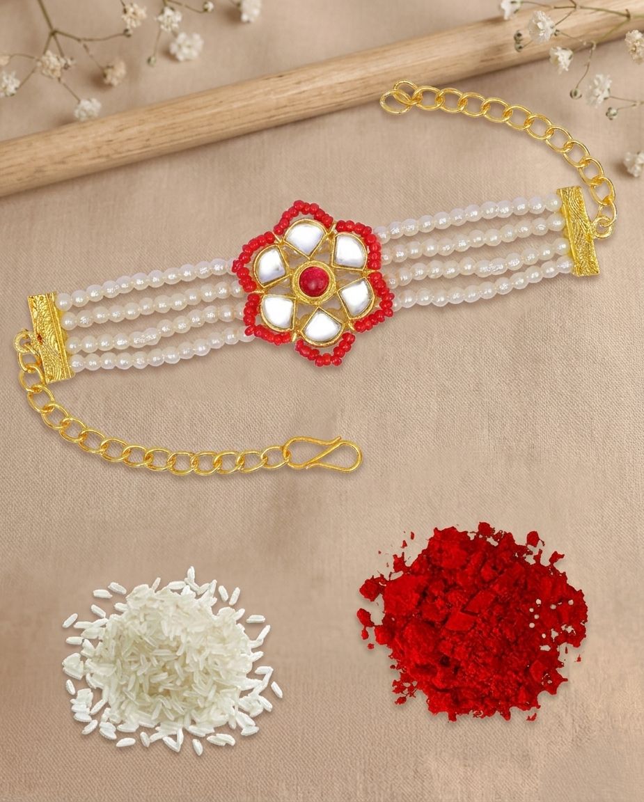 Traditional Kundan Flower Bracelet Rakhi With Roli & Chawal - Perfect Rakshabandhan Gift for Brothers