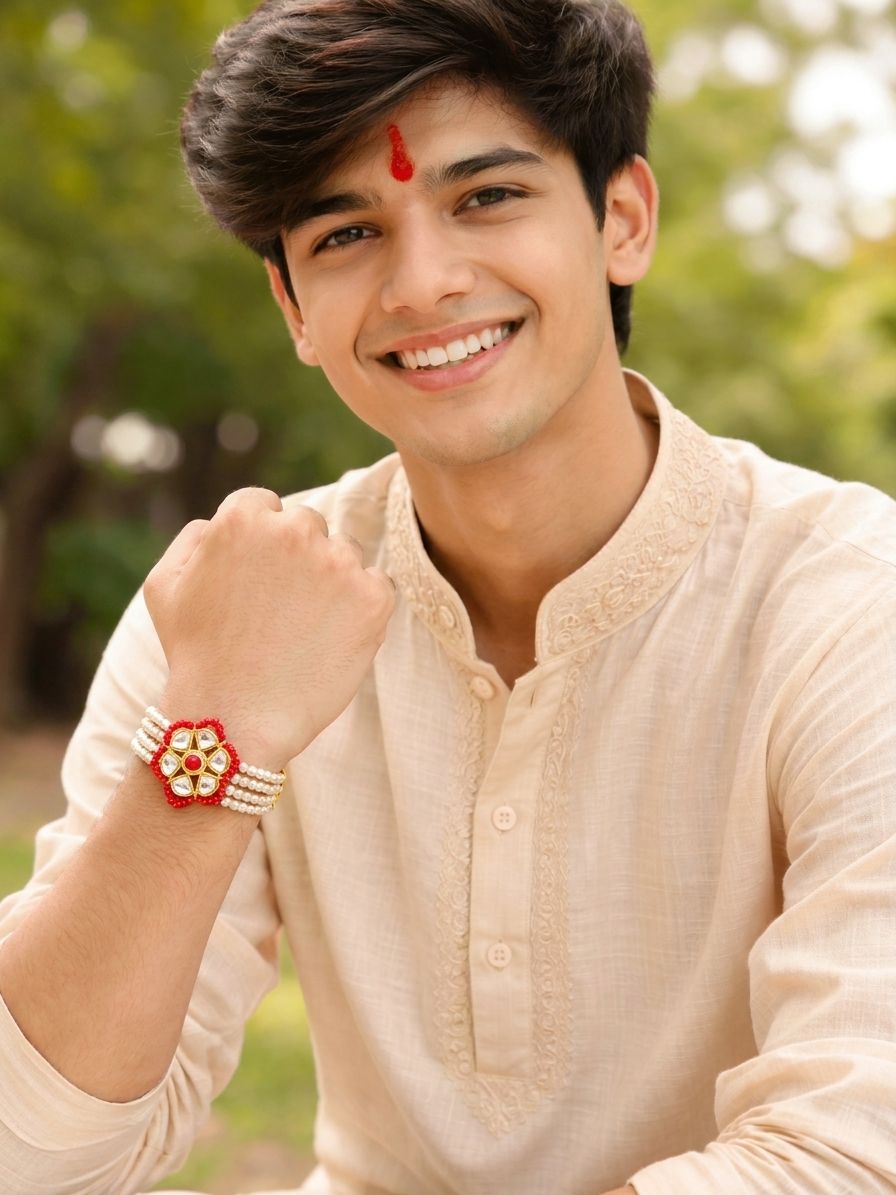 Traditional Kundan Flower Bracelet Rakhi With Roli & Chawal - Perfect Rakshabandhan Gift for Brothers
