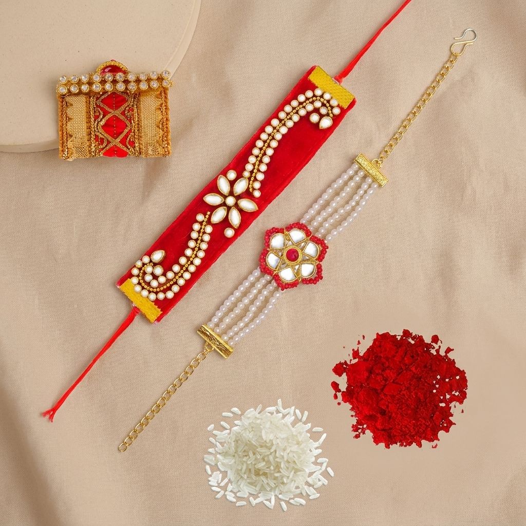 Red Kundan Rakhi Set: Handcrafted for Bhaiya & Bhabhi