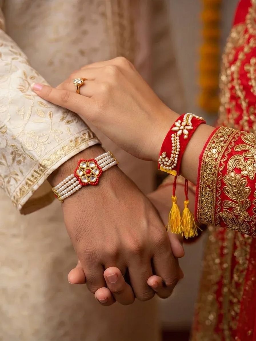 Red Kundan Rakhi Set: Handcrafted for Bhaiya & Bhabhi
