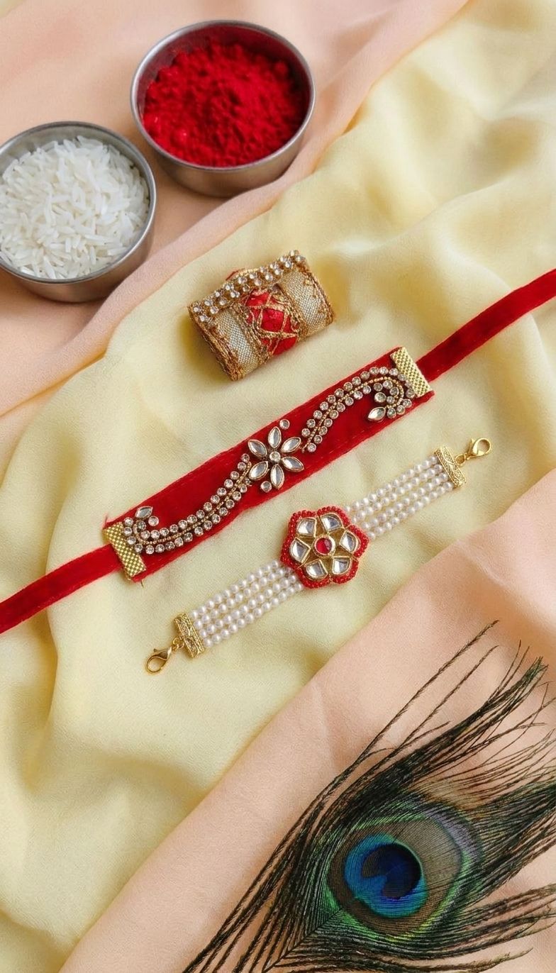 Red Kundan Rakhi Set: Handcrafted for Bhaiya & Bhabhi