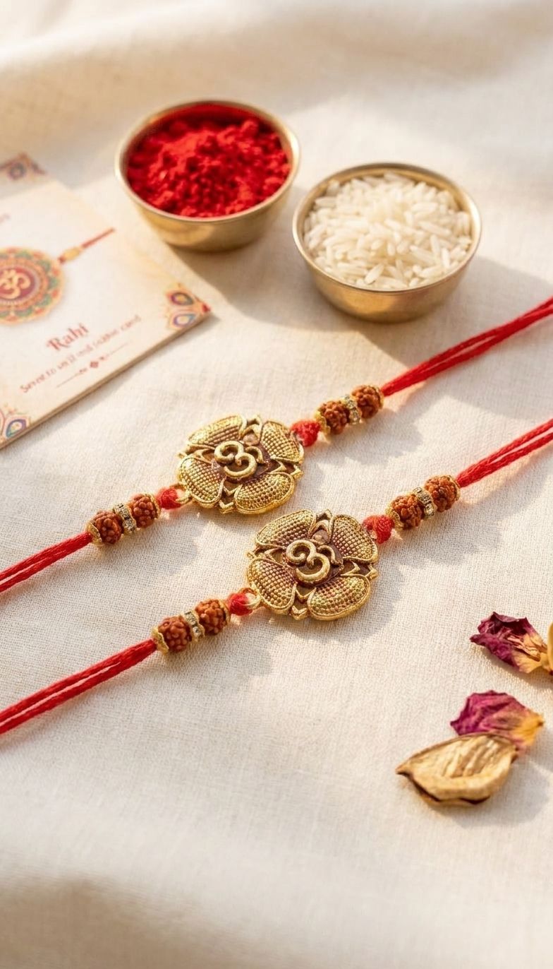 Oxidized Gold Om Rakhi Duo - Handmade Love & Protection