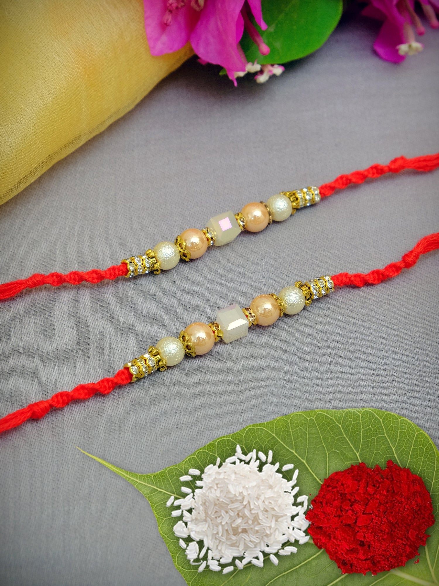 Handcrafted Pearl Rakhi Set - Bhaiya Bhabhi | Oxidized