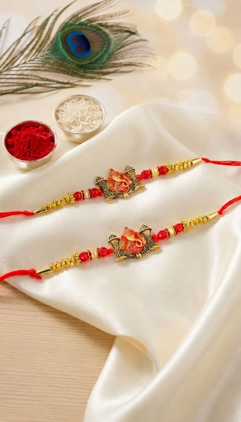 Gold-Plated Lord Ganesha Rakhi Set w Pearls (Pack of 2)