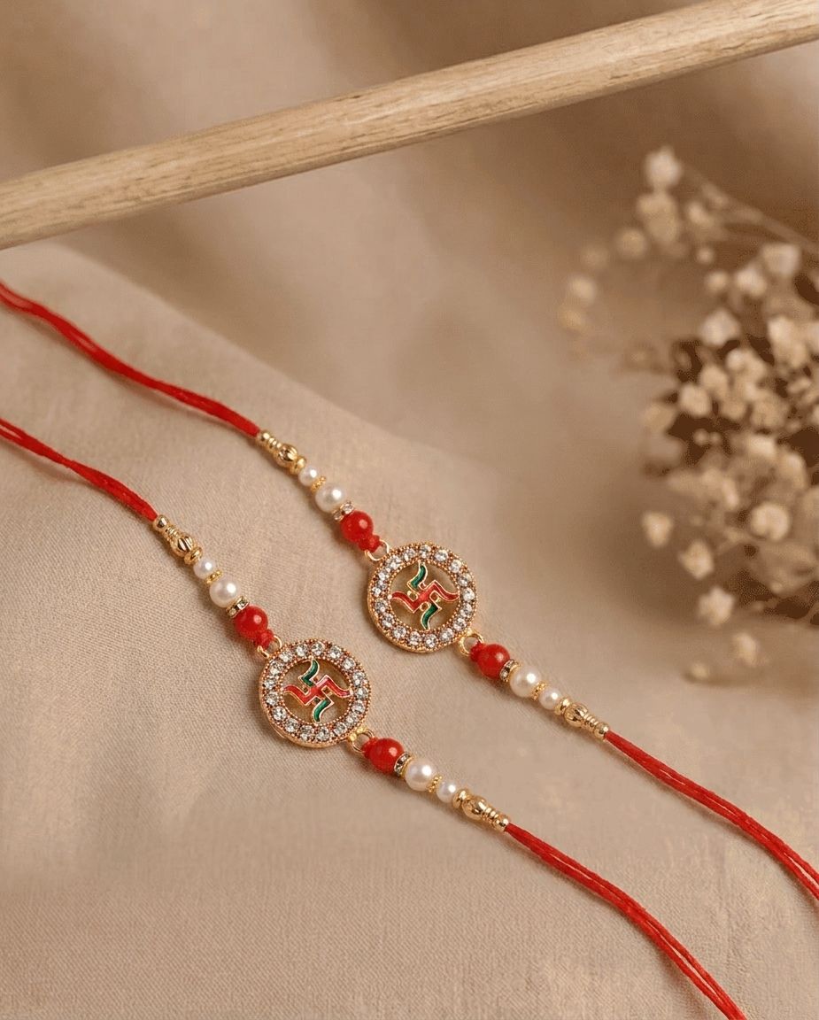 Classy Gold-Plated Swastik Rakhi Set for Raksha Bandhan