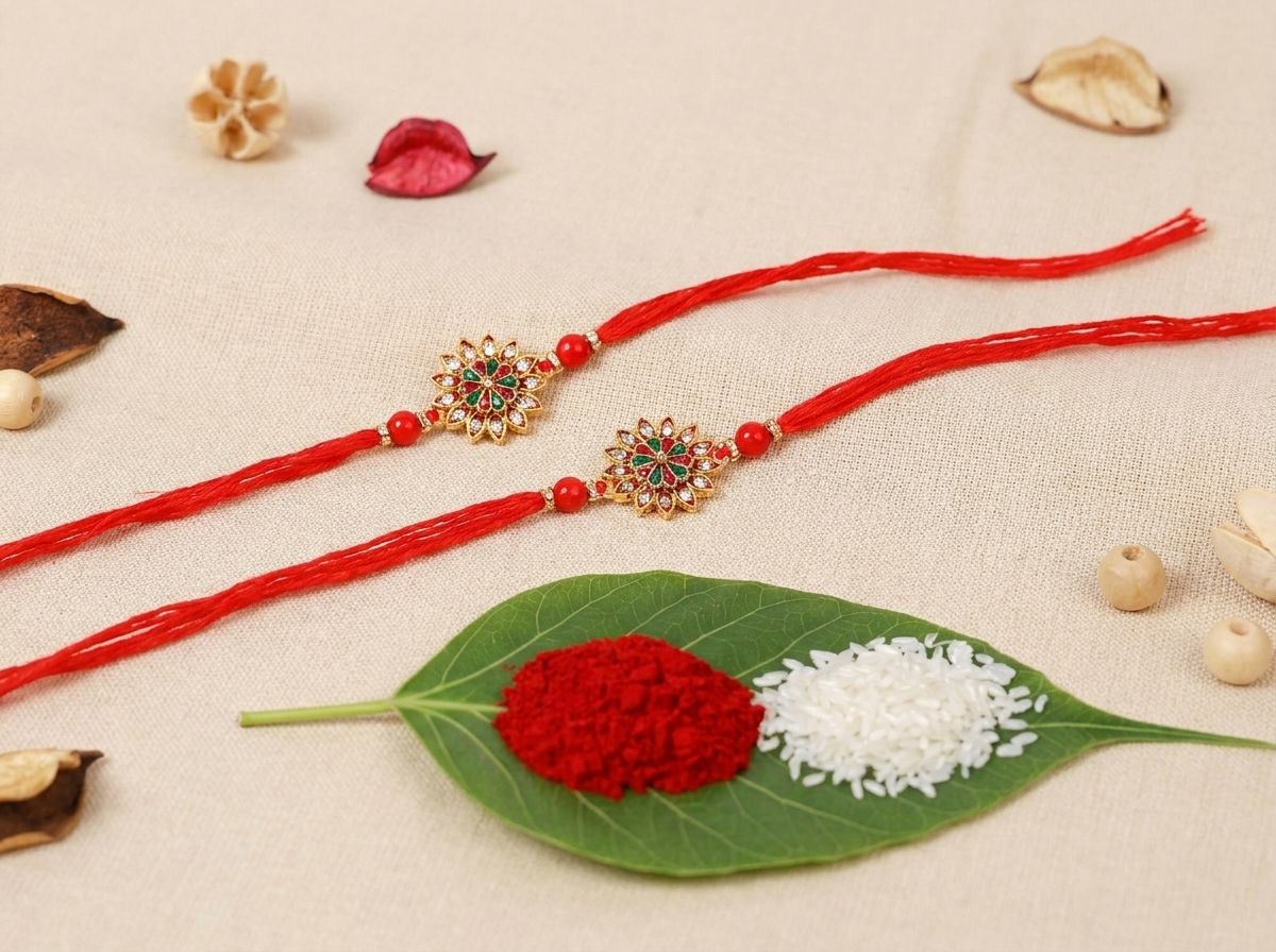 2 Gold-Toned Kundan Rakhis | Special Gift for Brothers