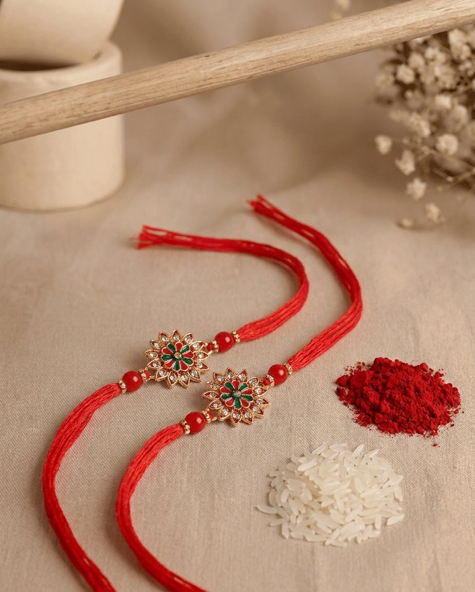 2 Gold-Toned Kundan Rakhis | Special Gift for Brothers