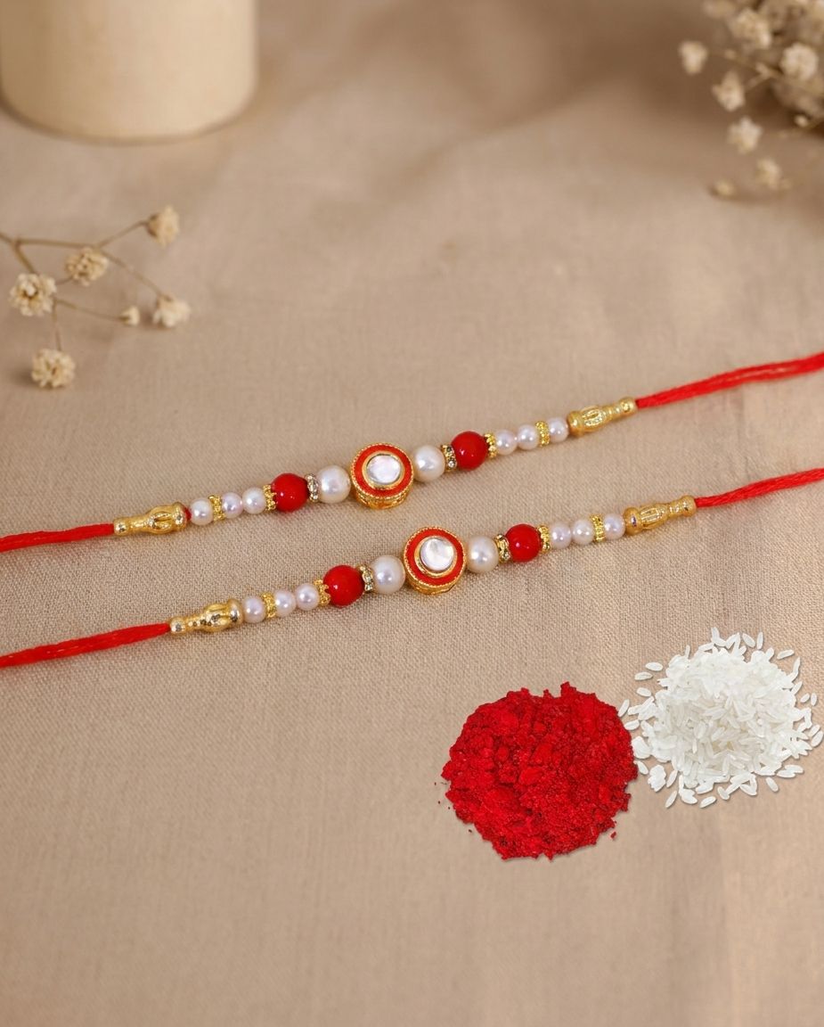 Designer Kundan Rakhi Gift Set for Brother - Red & White Beads, Pack of 2 with Roli Chawal Tilak
