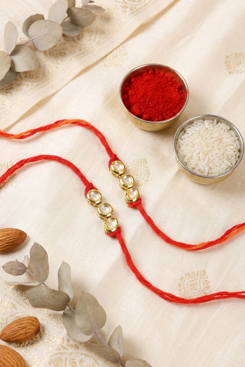 Handmade Kundan Bhaiya-Bhabhi Rakhi Set with Roli Chawal – Rakhi 2026