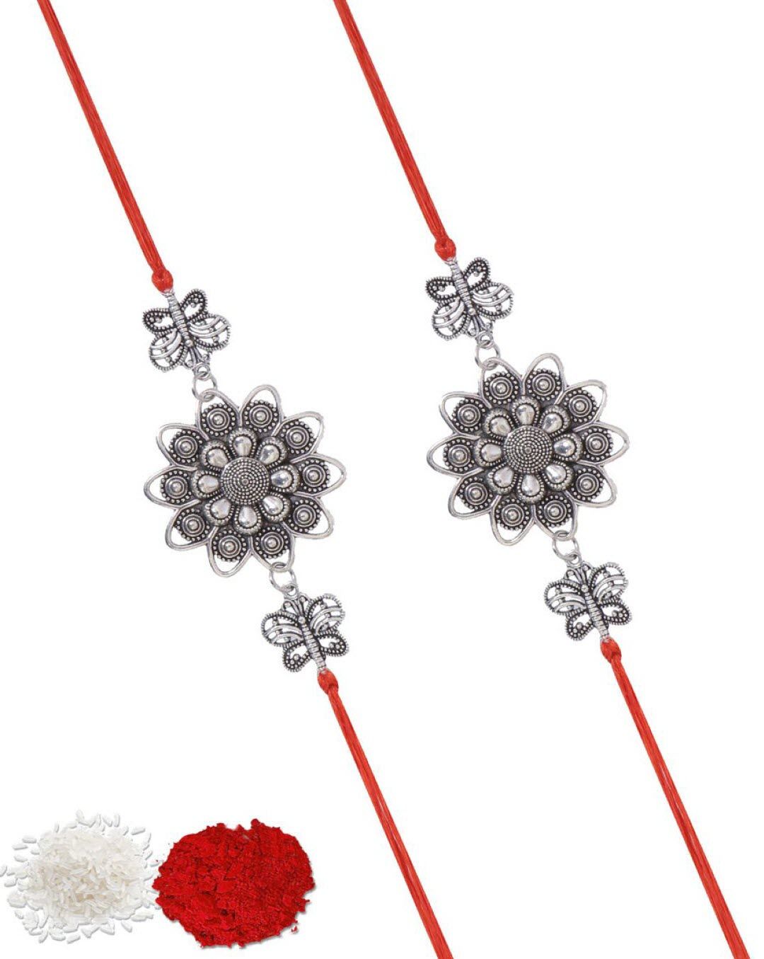 Silver oxidised flower rakhi set of 2 for brother and bhabhi, handcrafted gift for Raksha Bandhan 2026