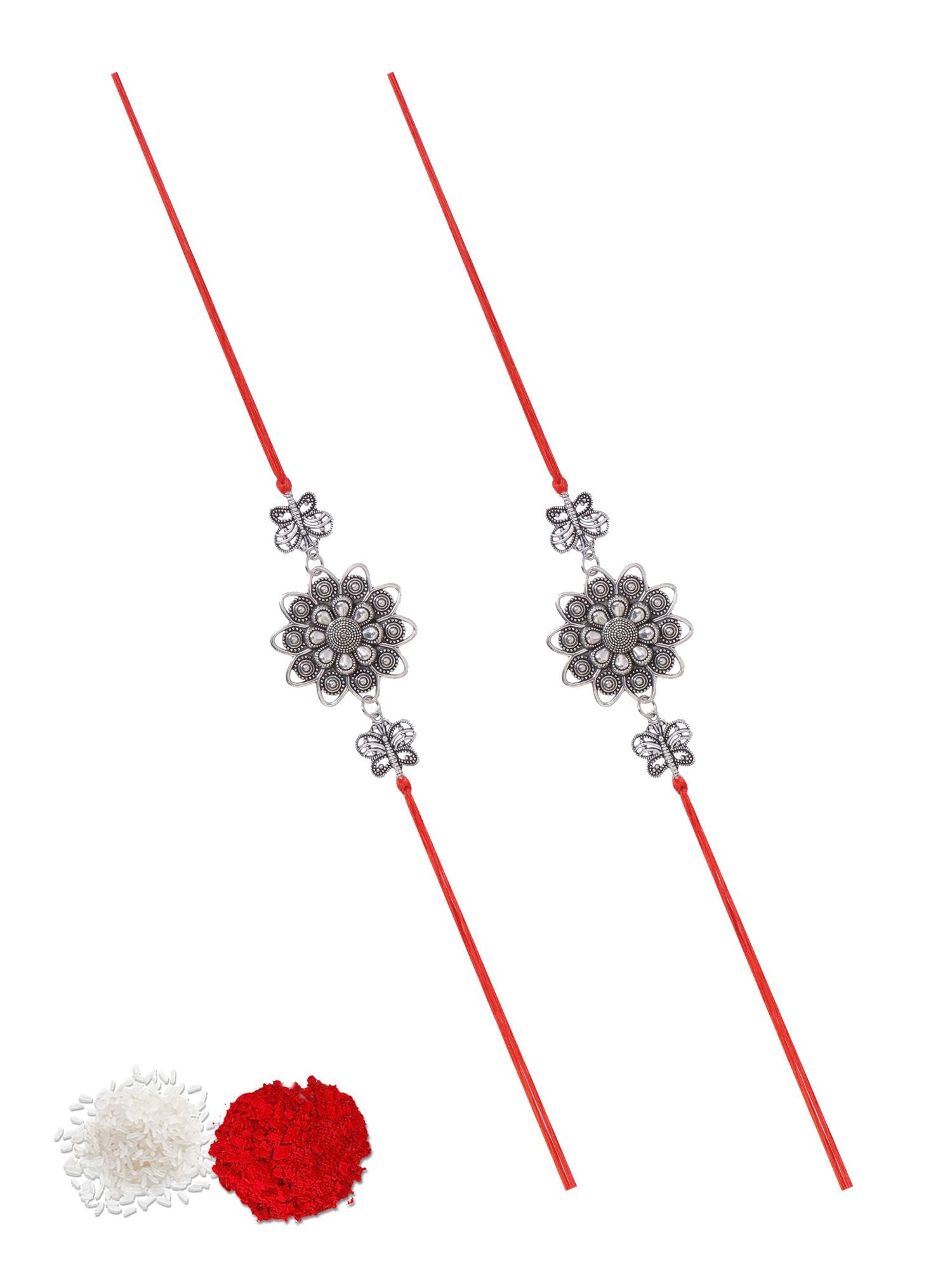 Silver oxidised flower rakhi set of 2 for brother and bhabhi, handcrafted gift for Raksha Bandhan 2026