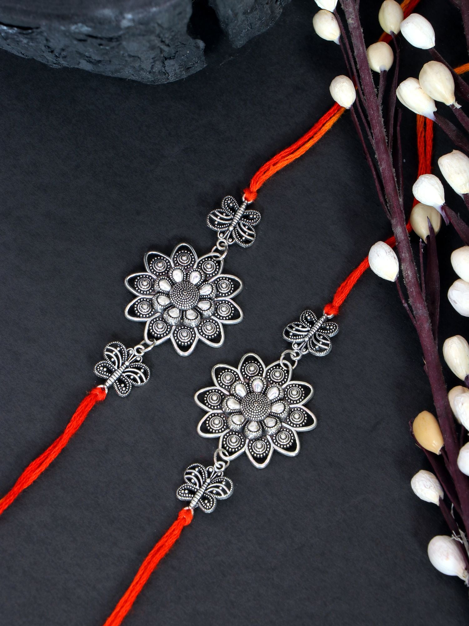 Silver oxidised flower rakhi set of 2 for brother and bhabhi, handcrafted gift for Raksha Bandhan 2026