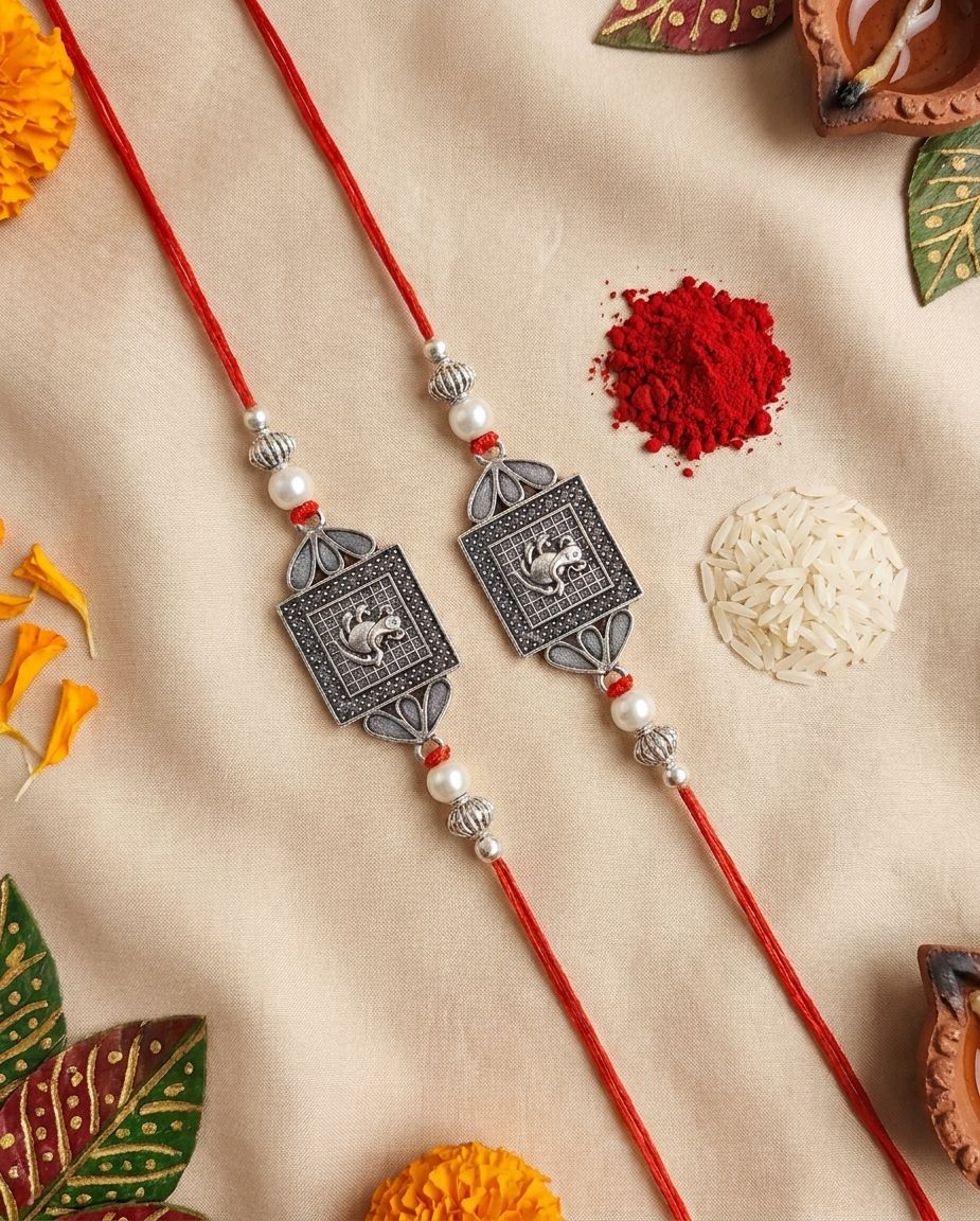 Twin Silver Oxidised Ganesh Rakhi Set of 2 for Brothers 2026