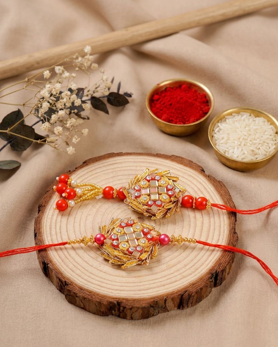 Handmade Bhaiya Bhabhi Rakhi Set Gold Beads – Buy Rakhi Online 2026