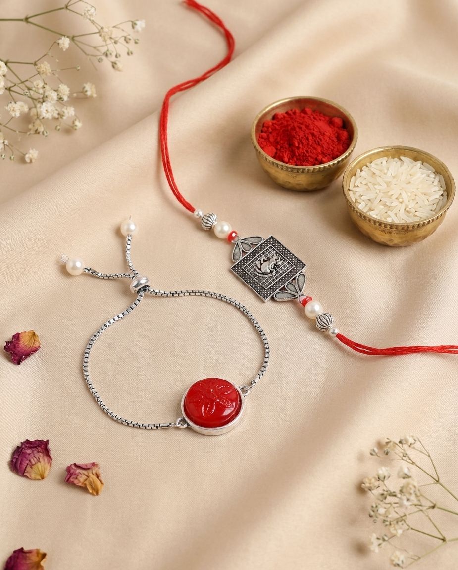 Traditional Oxidised Silver Rakhi Set - Bhaiya-Bhabhi