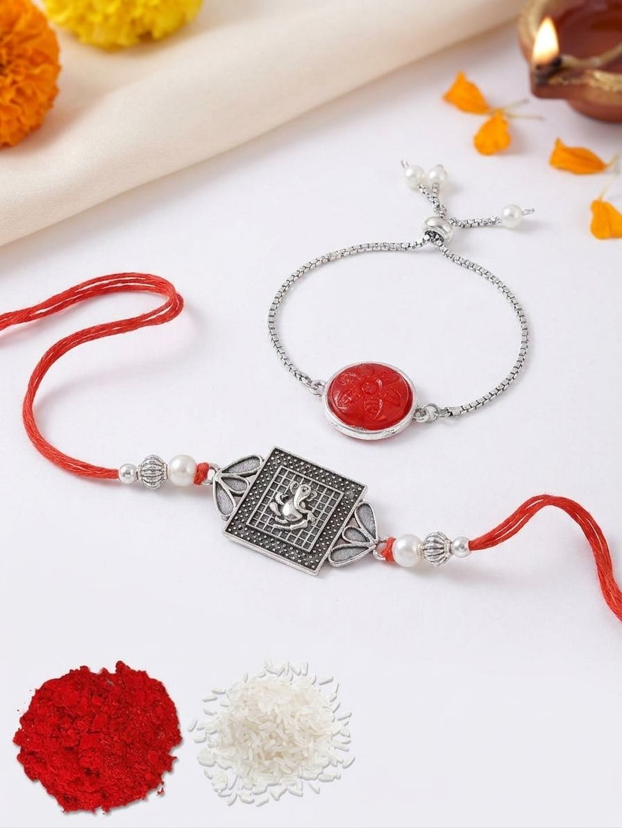 Traditional Oxidised Silver Rakhi Set - Bhaiya-Bhabhi