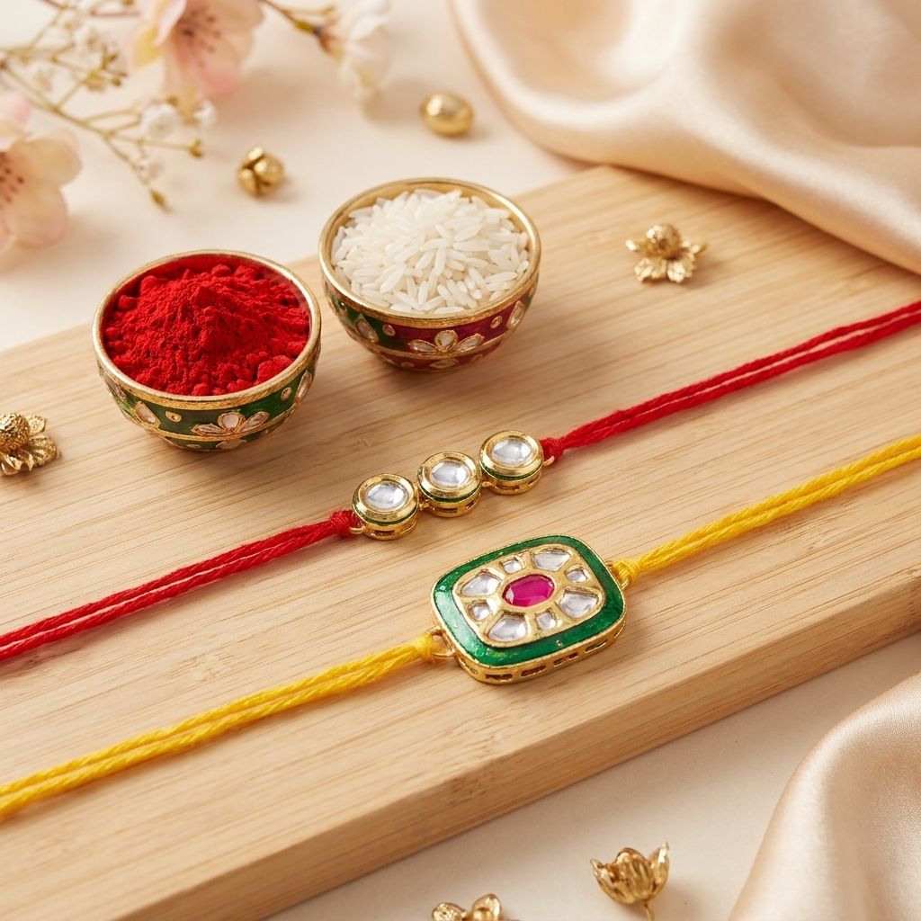 Exquisite Kundan Rakhi Gift for Bhaiya & Bhabhi Set