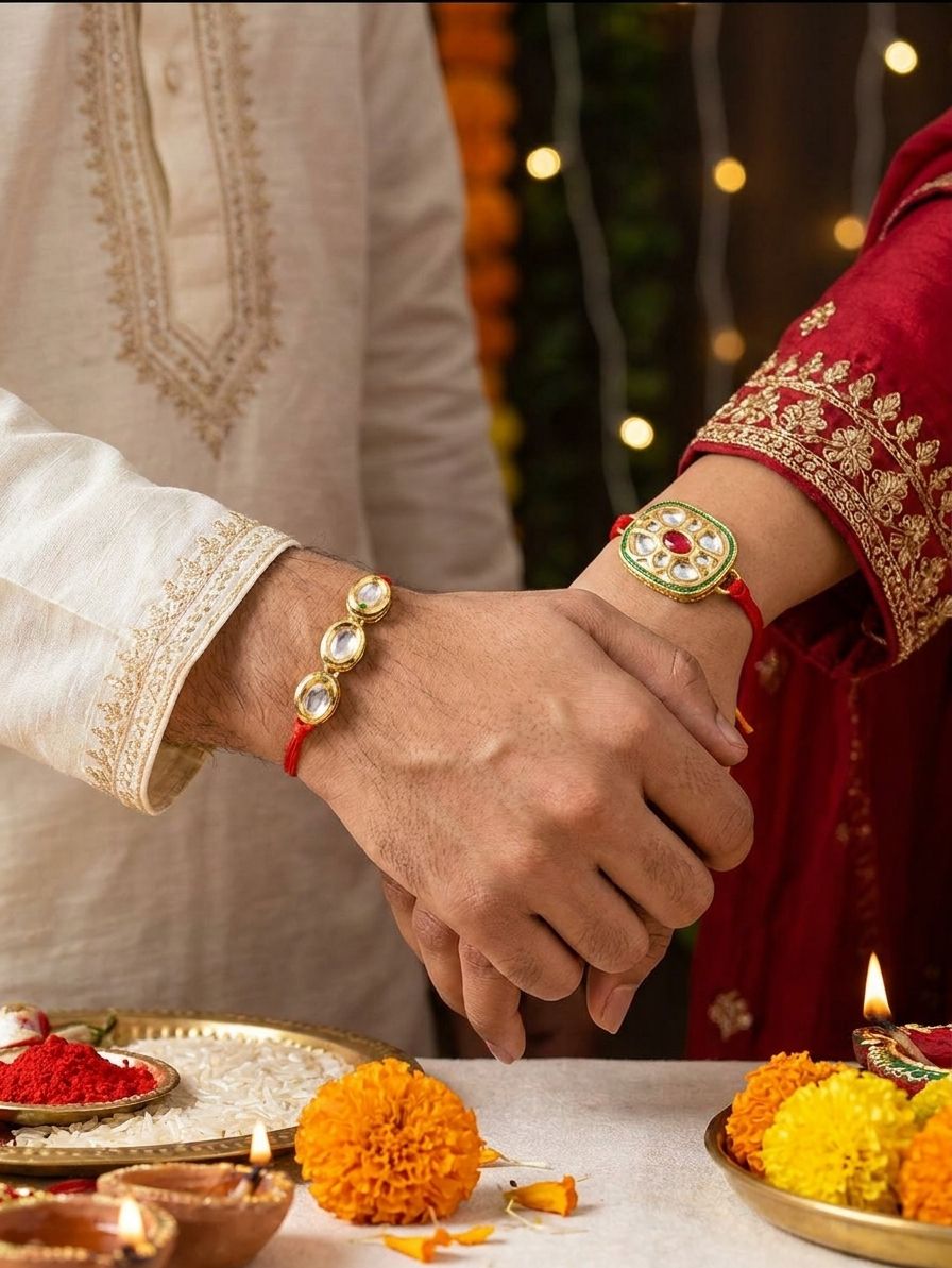 Exquisite Kundan Rakhi Gift for Bhaiya & Bhabhi Set